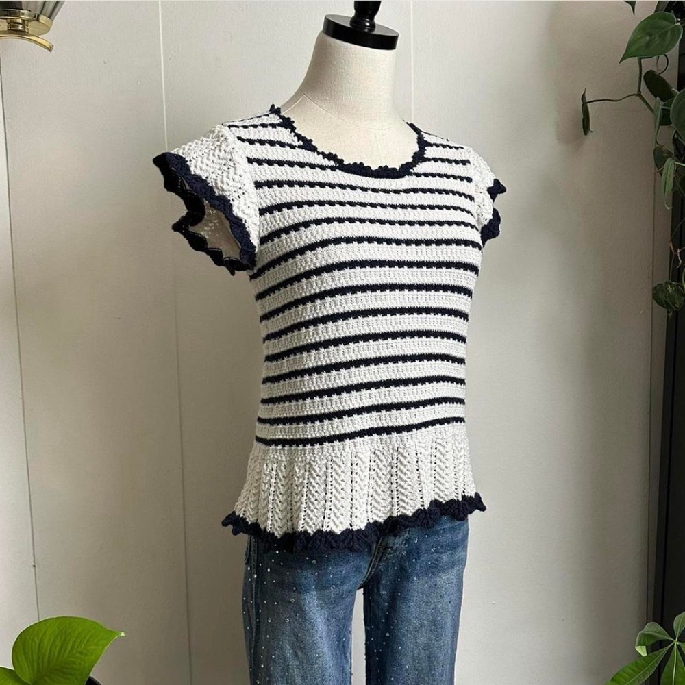 Industry Navy White Striped Crochet Ruffle Cap Sleeve Peplum Top Small